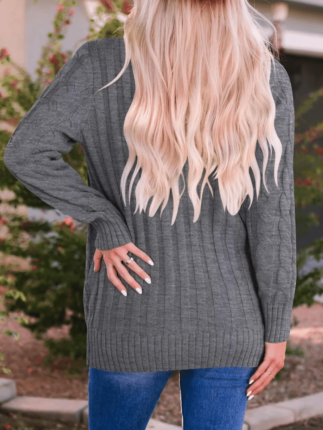 Women's Long Cable Knit Cardigan with V-Neck and Button Front