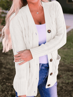 Women's Long Cable Knit Cardigan with V-Neck and Button Front