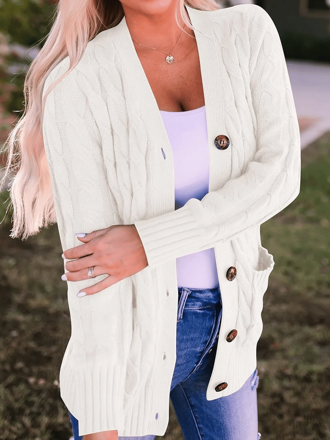 Women's Long Cable Knit Cardigan with V-Neck and Button Front