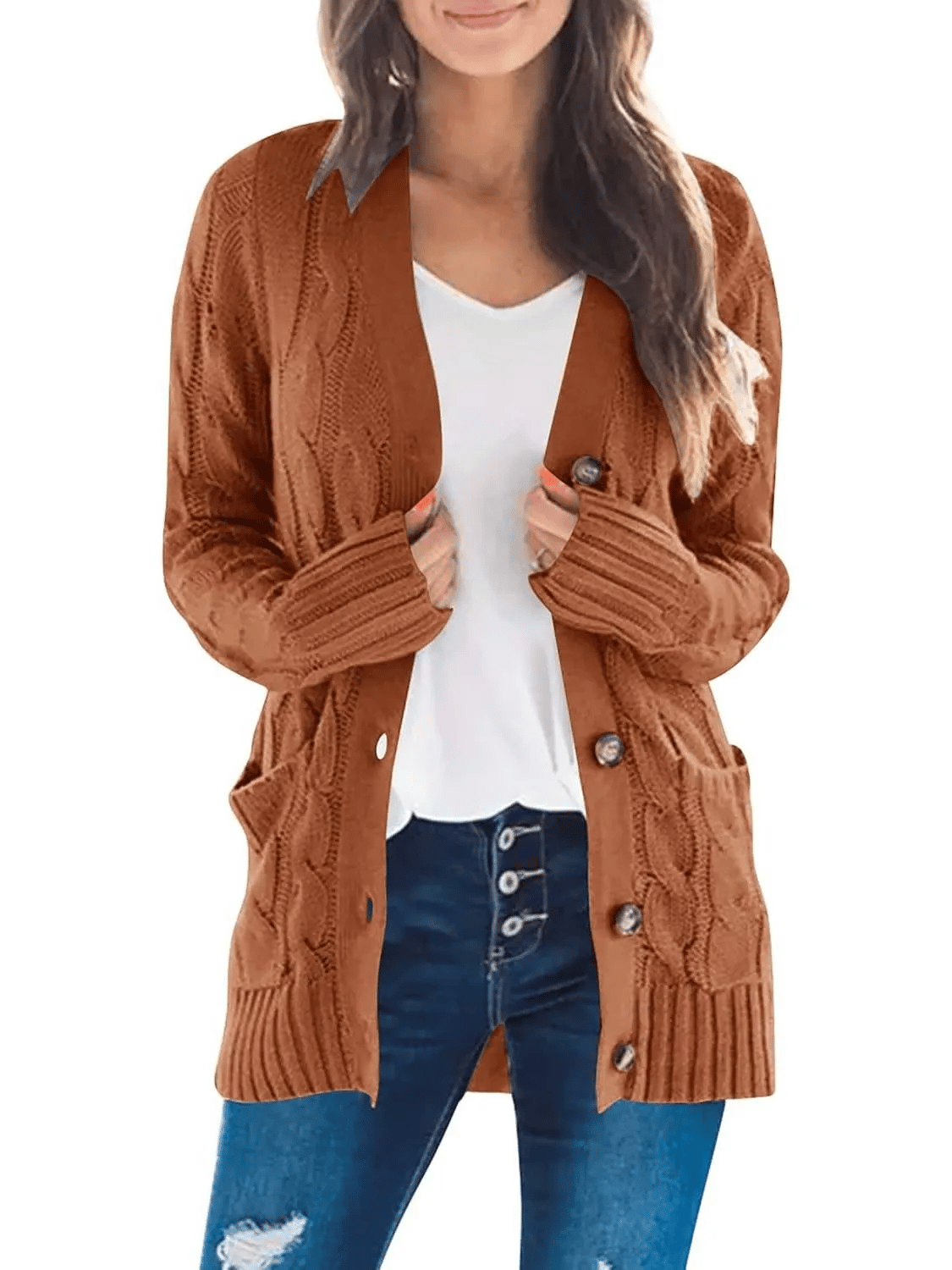 Women's Long Cable Knit Cardigan with V-Neck and Button Front