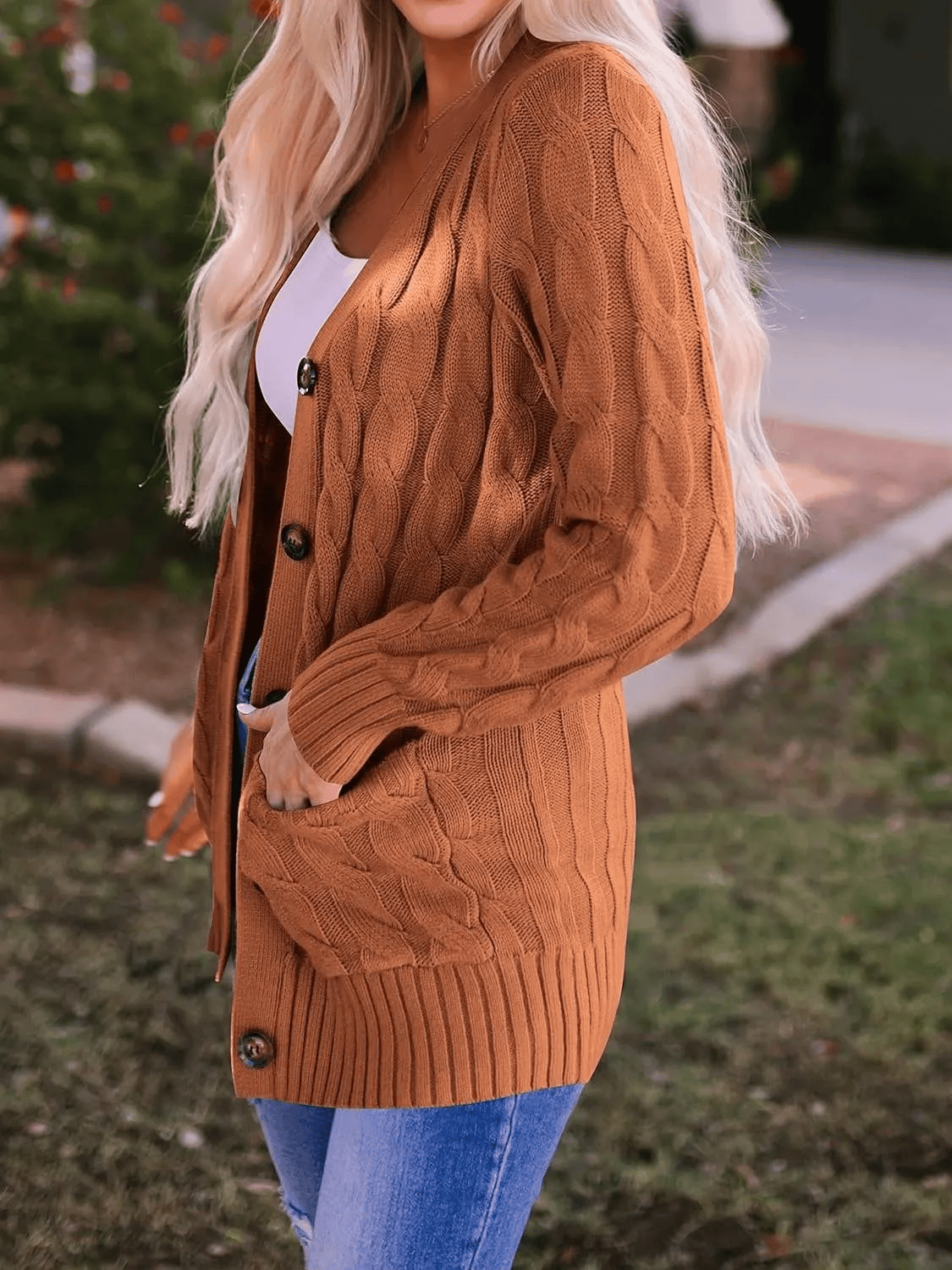 Women's Long Cable Knit Cardigan with V-Neck and Button Front