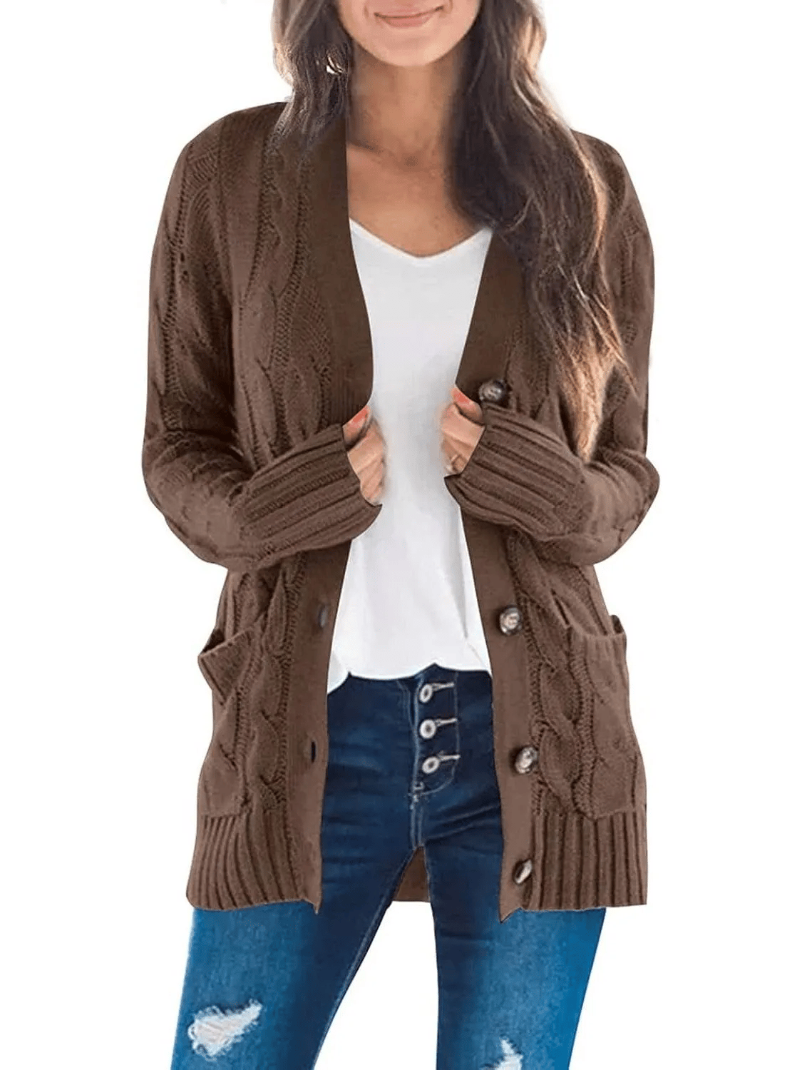 Women's Long Cable Knit Cardigan with V-Neck and Button Front