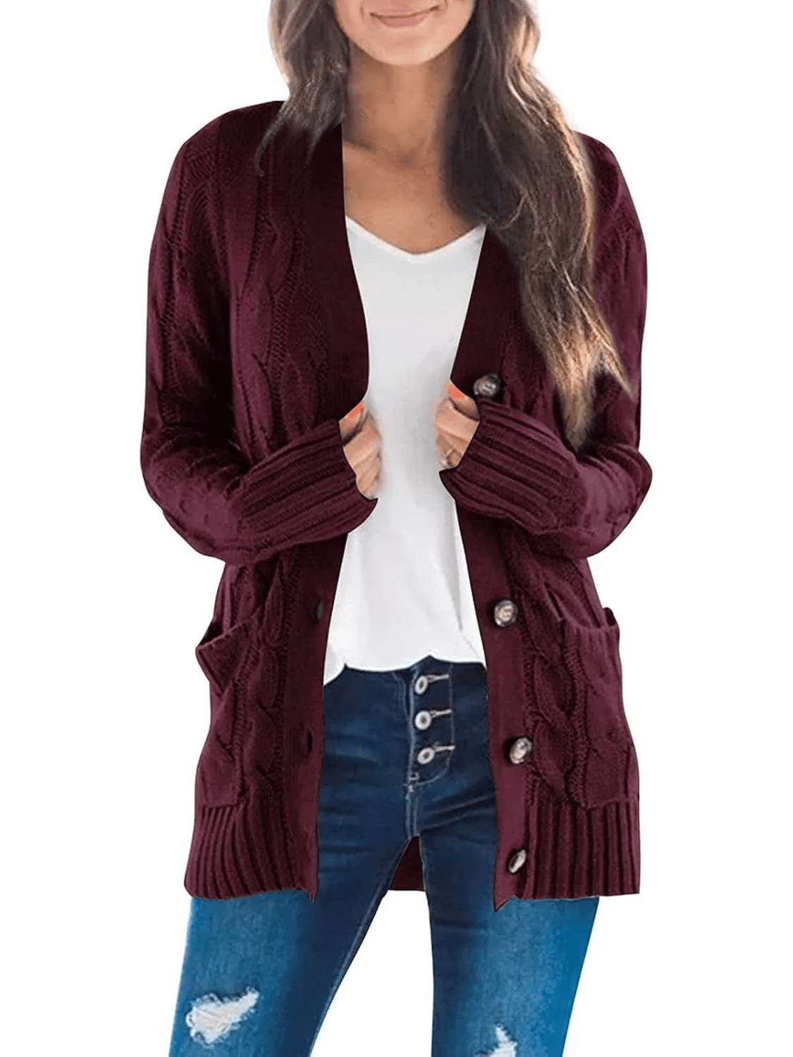 Women's Long Cable Knit Cardigan with V-Neck and Button Front