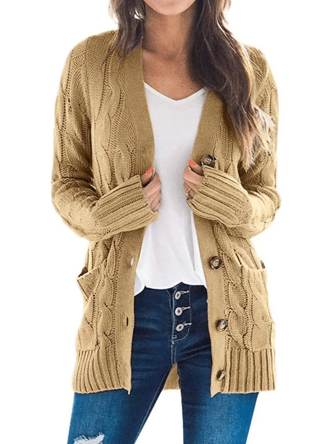 Women's Long Cable Knit Cardigan with V-Neck and Button Front