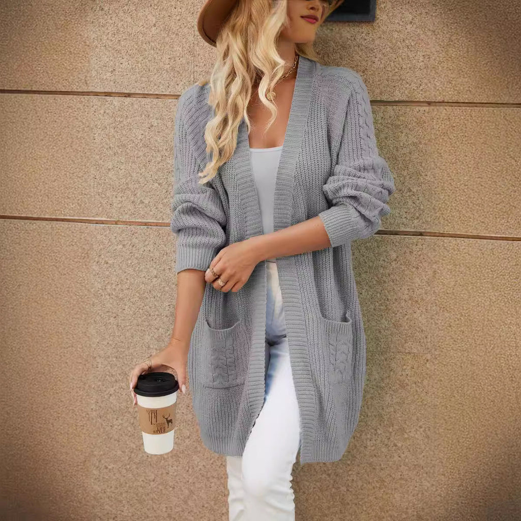 Women's Longline Cable Knit Cardigan with Open Front and Pockets