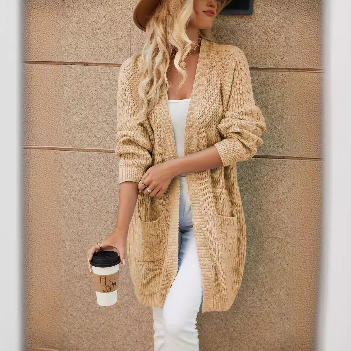 Women's Longline Cable Knit Cardigan with Open Front and Pockets