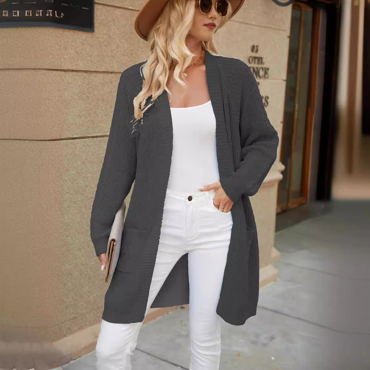 Women's Longline Cable Knit Cardigan with Open Front and Pockets