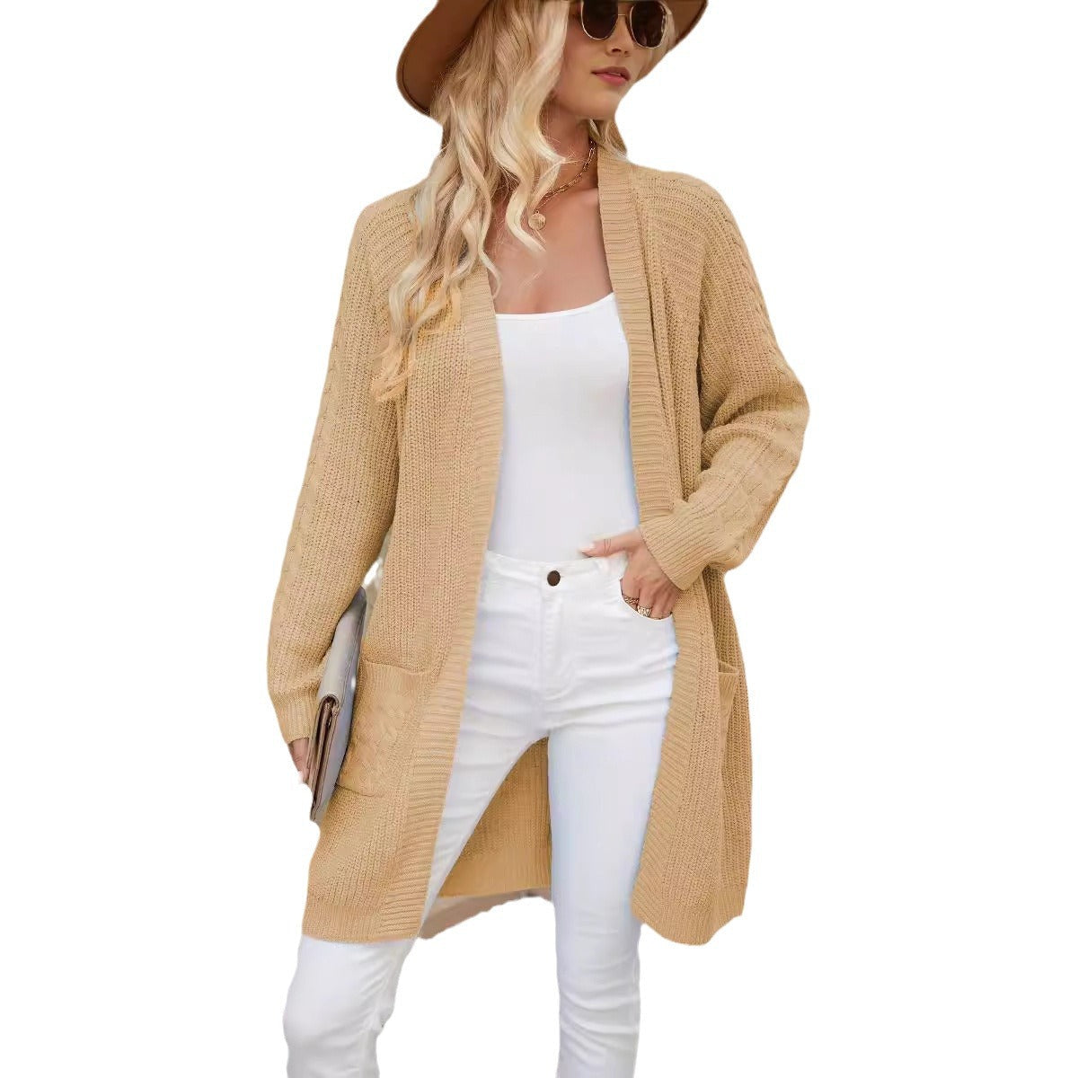Women's Longline Cable Knit Cardigan with Open Front and Pockets