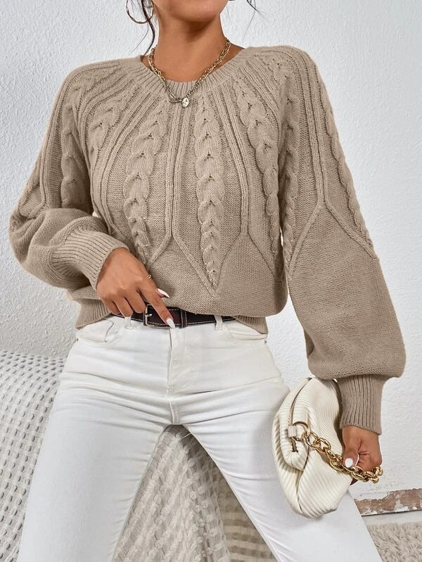 Women's Longline Cable Knit Jumper with Long Sleeves
