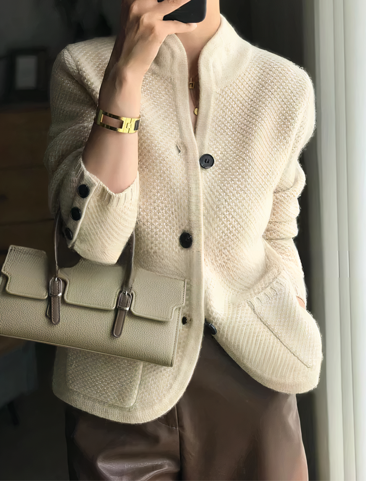 Women's Longline Cardigan with Stand-Up Collar and Front Pockets