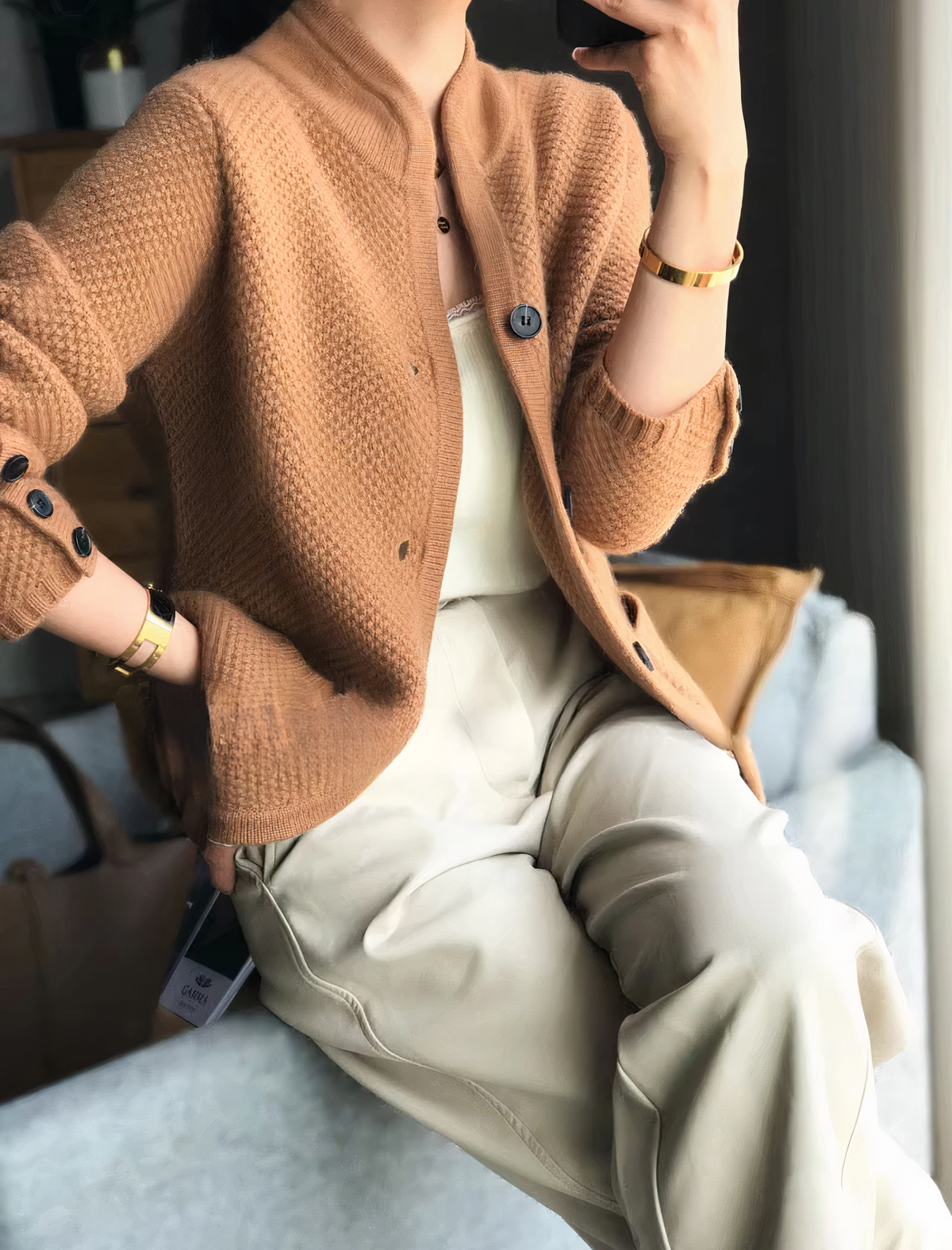 Women's Longline Cardigan with Stand-Up Collar and Front Pockets