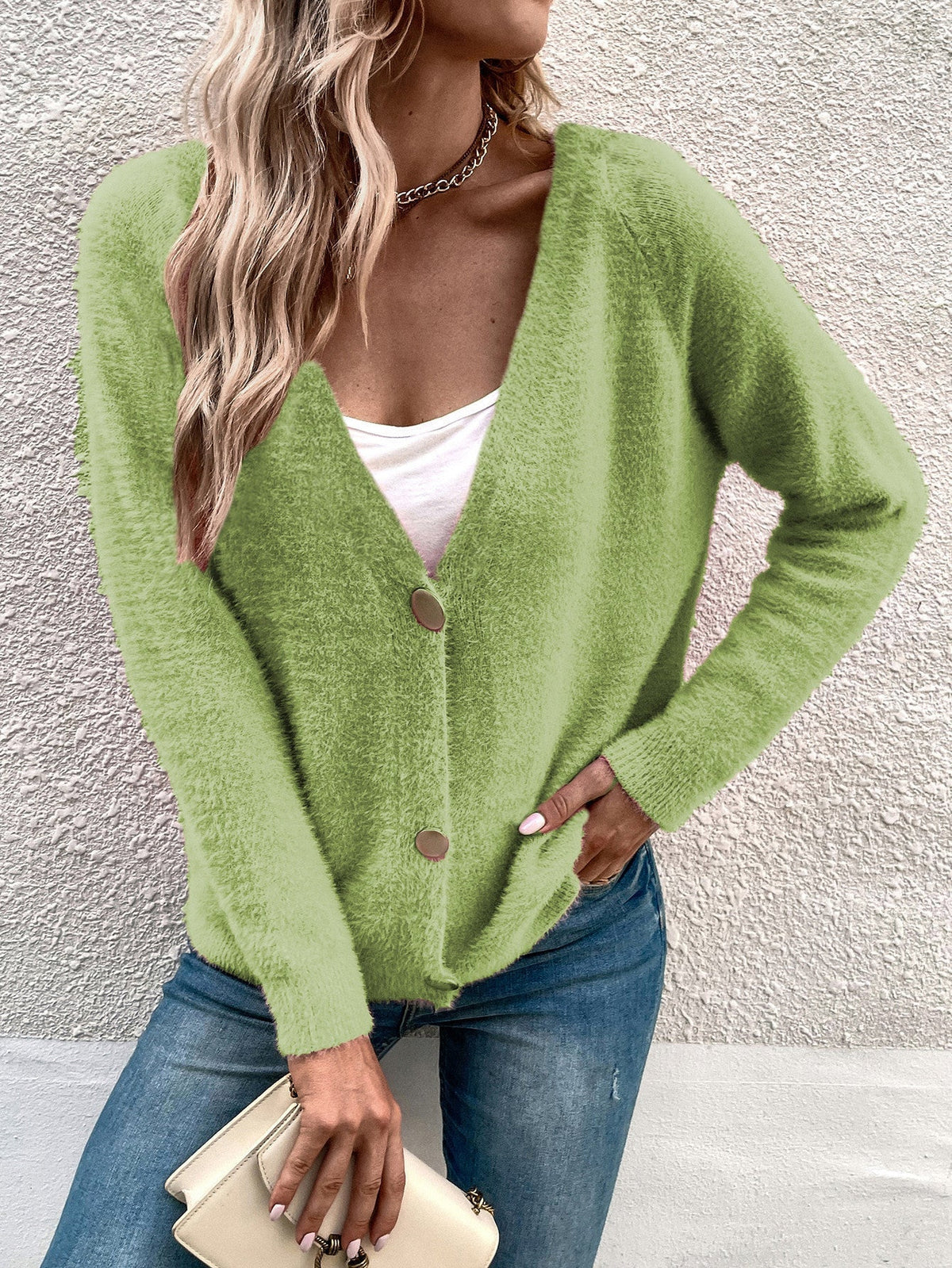 Women's Longline Cardigan with V-Neck and Full-Length Button Placket