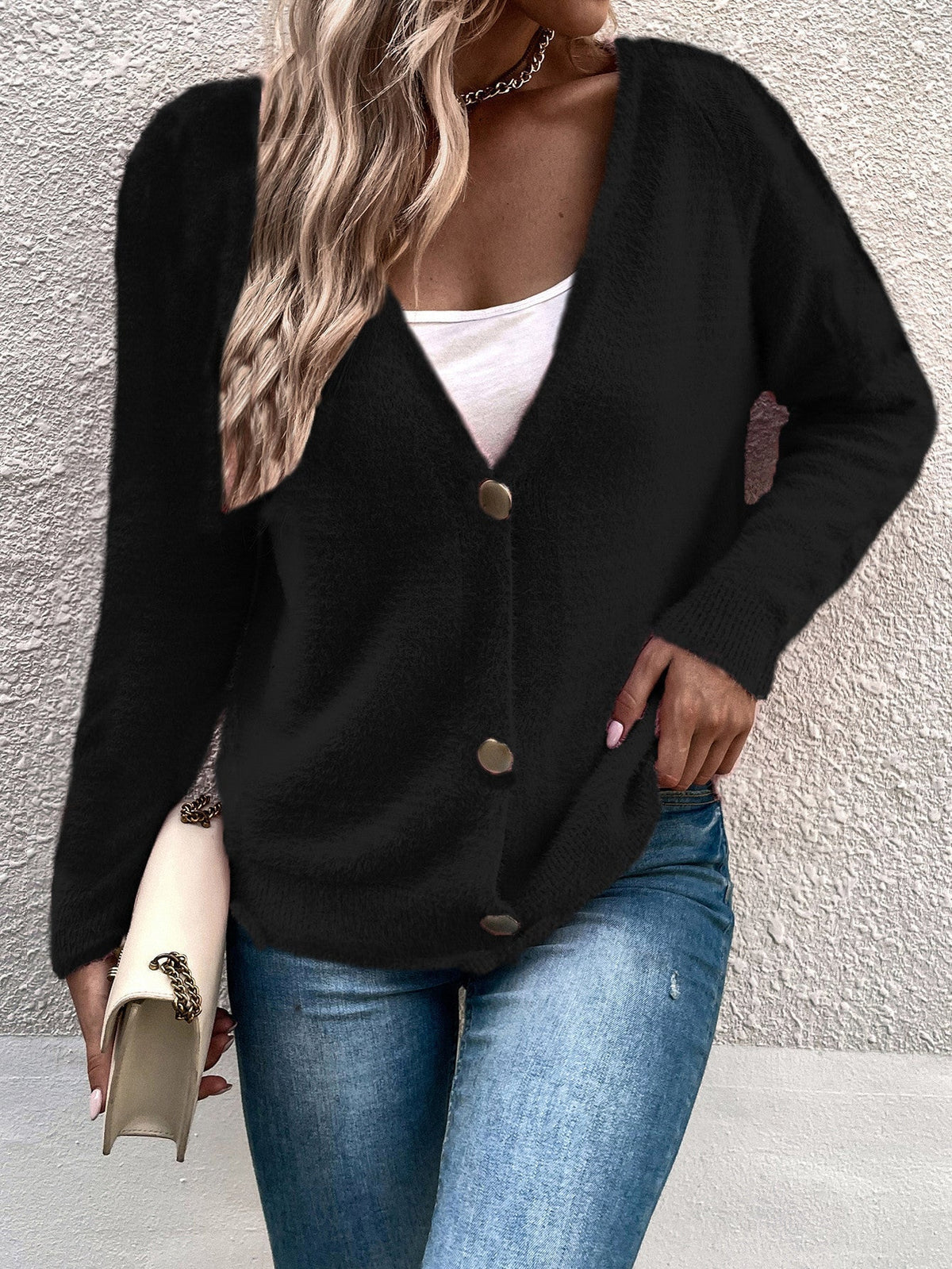 Women's Longline Cardigan with V-Neck and Full-Length Button Placket