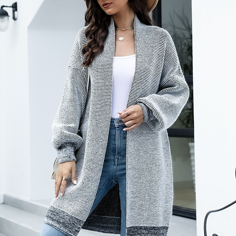Women's Longline Cardigan with Wide Sleeves in Mottled Grey