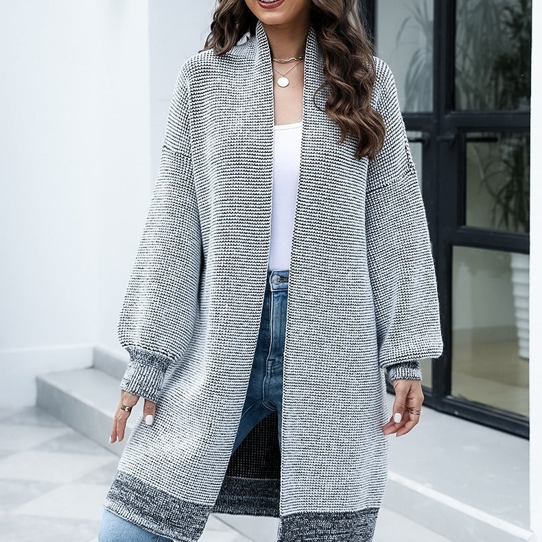 Women's Longline Cardigan with Wide Sleeves in Mottled Grey