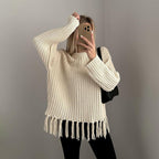 Women's Longline Knitted Jumper with Fringed Hem