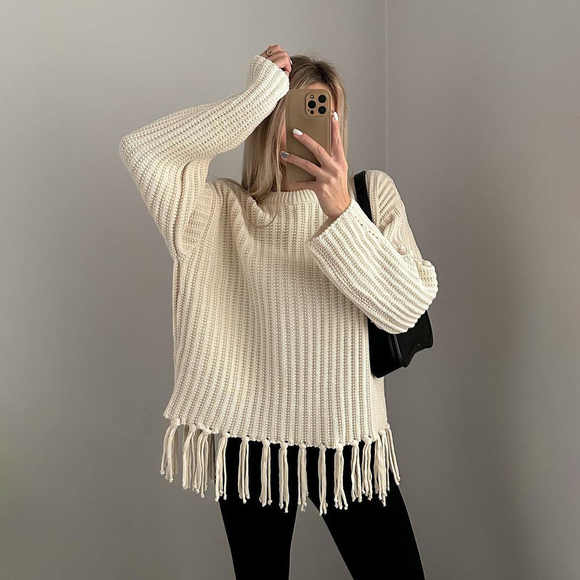 Women's Longline Knitted Jumper with Fringed Hem
