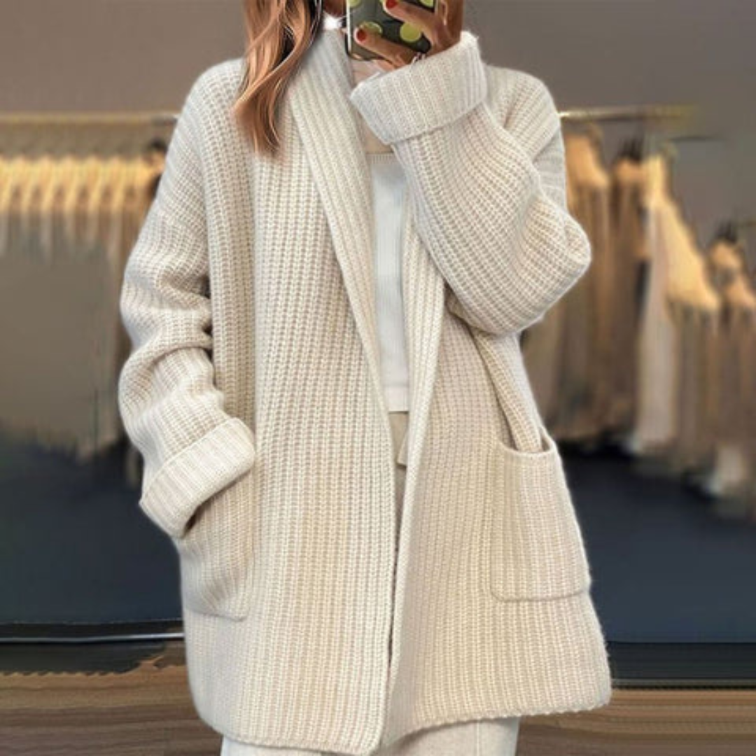 Women's Longline Waffle Knit Cardigan with V-Neck and Pockets
