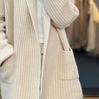 Women's Longline Waffle Knit Cardigan with V-Neck and Pockets