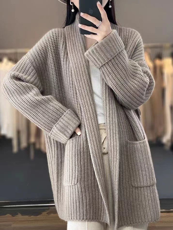 Women's Longline Waffle Knit Cardigan with V-Neck and Pockets