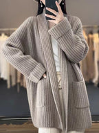 Women's Longline Waffle Knit Cardigan with V-Neck and Pockets