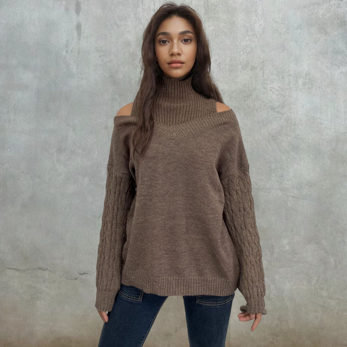 Women's Off-the-Shoulder Cable Knit Jumper with Flattering Fit