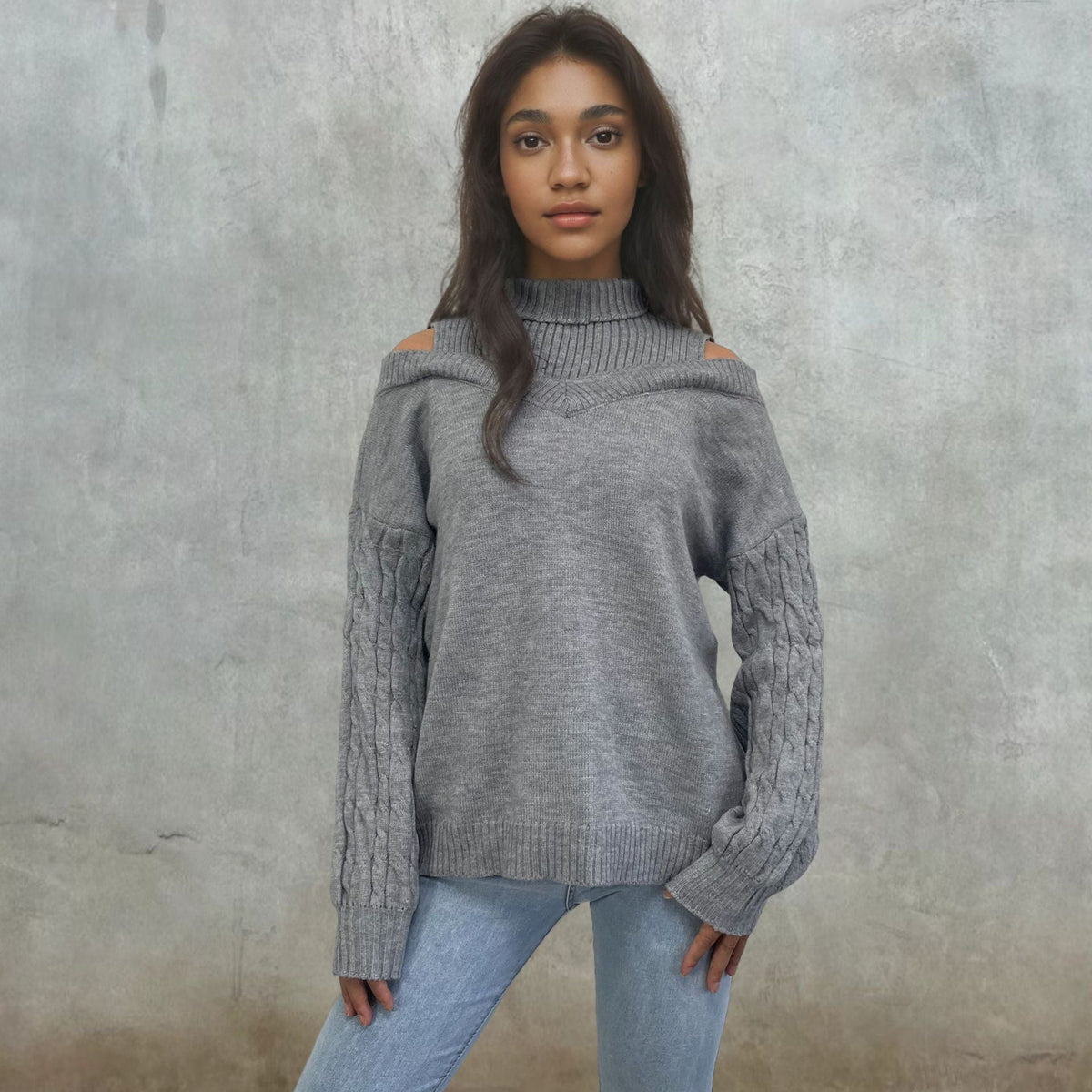 Women's Off-the-Shoulder Cable Knit Jumper with Flattering Fit