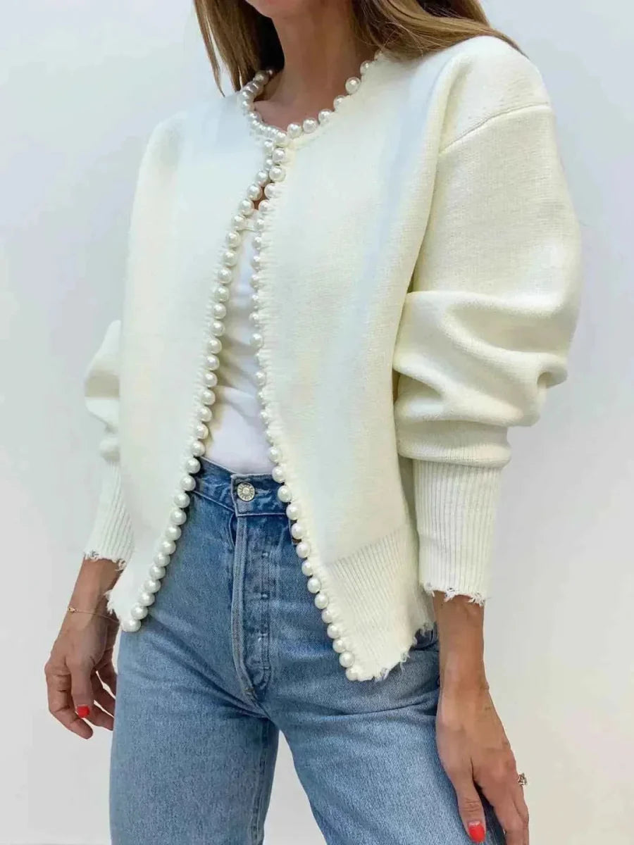 Women's Open Front Cardigan with Beaded Detail and Soft Knit Fabric