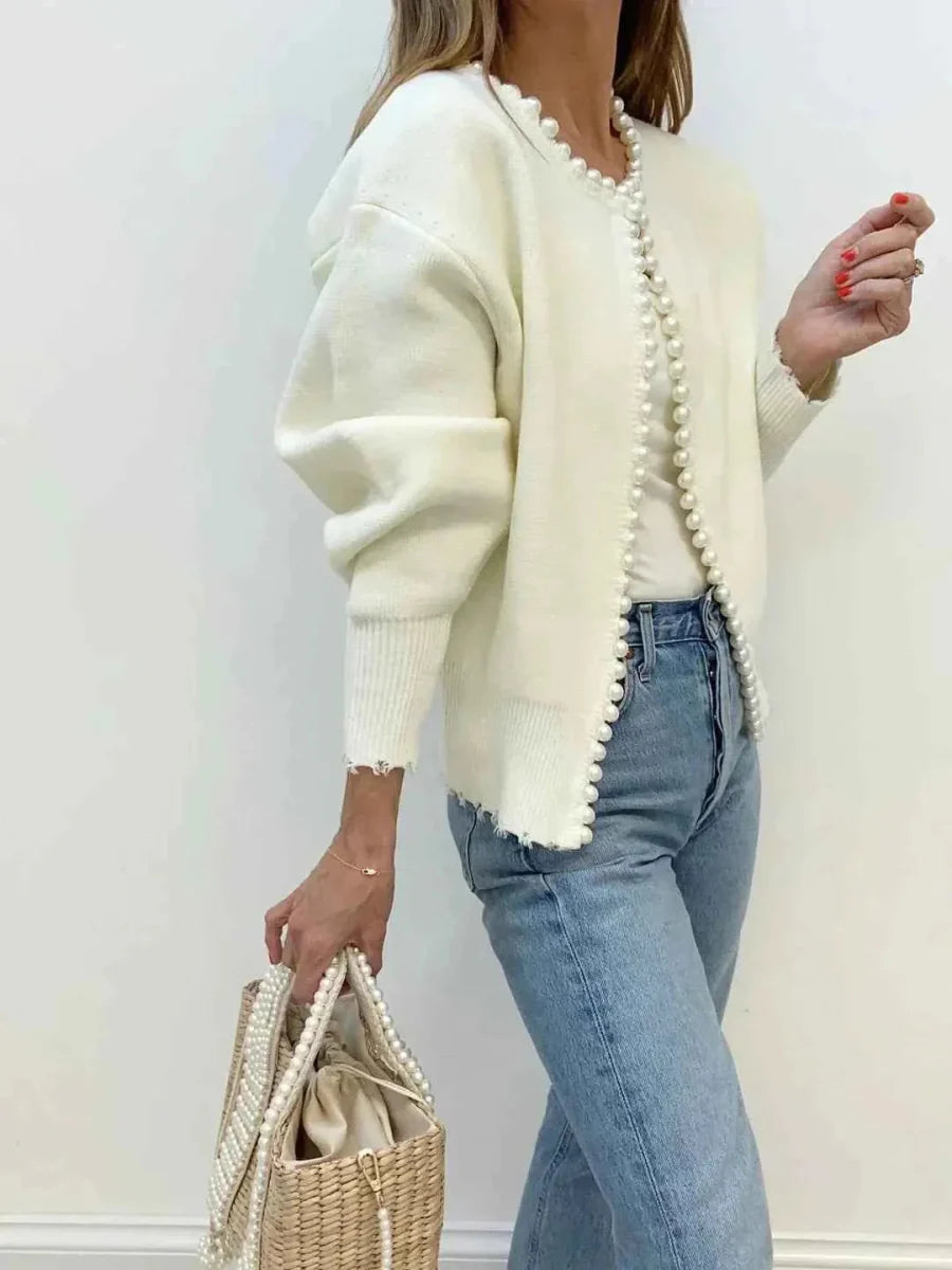 Women's Open Front Cardigan with Beaded Detail and Soft Knit Fabric