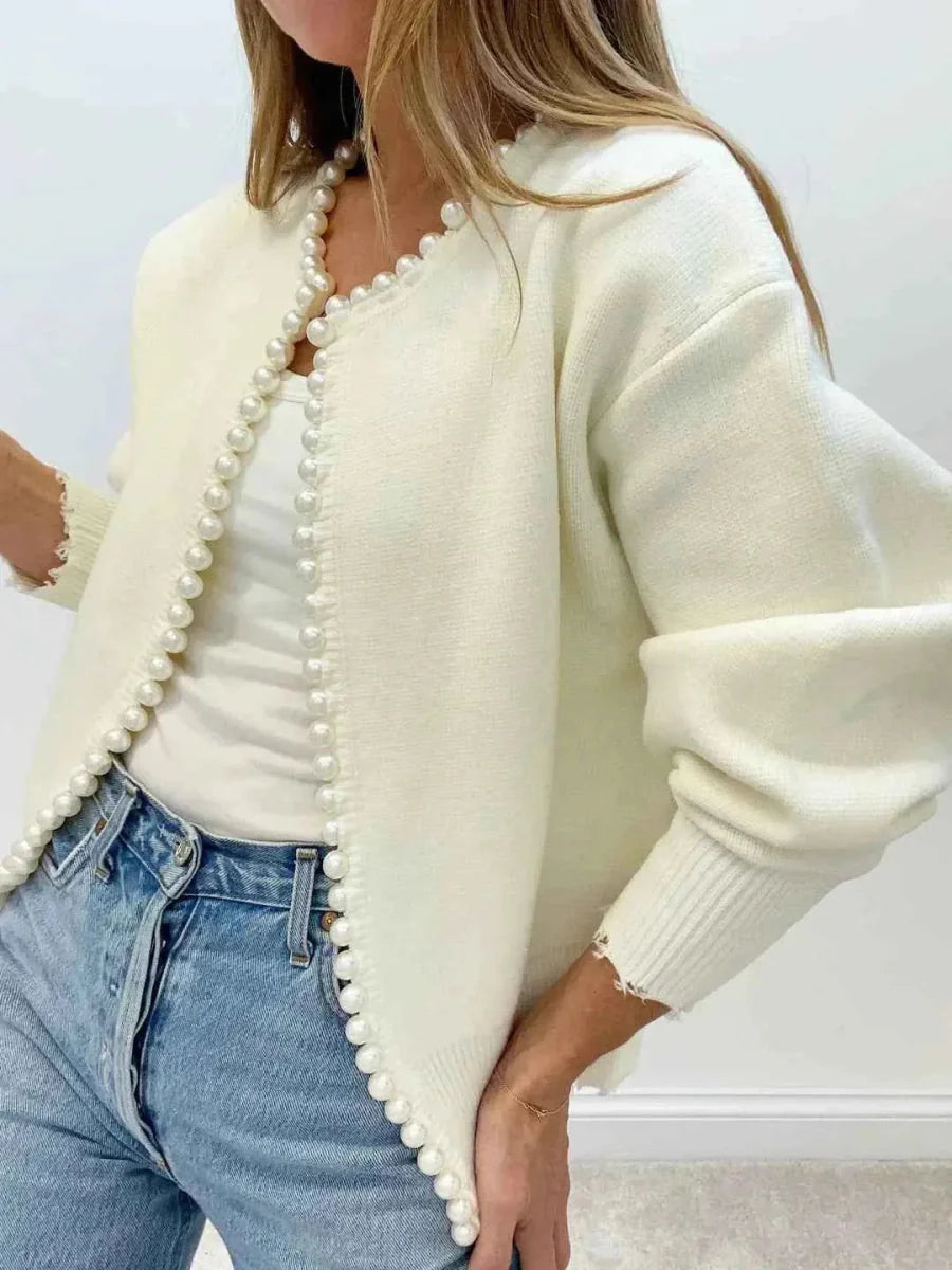 Women's Open Front Cardigan with Beaded Detail and Soft Knit Fabric
