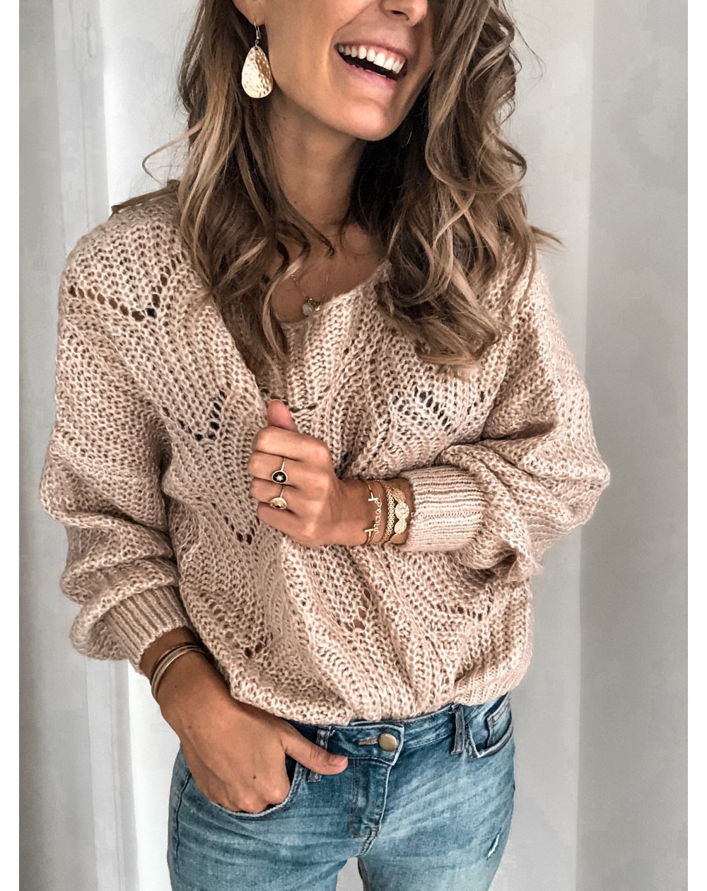 Women's Oversized Cable Knit Jumper with Open Hole Design