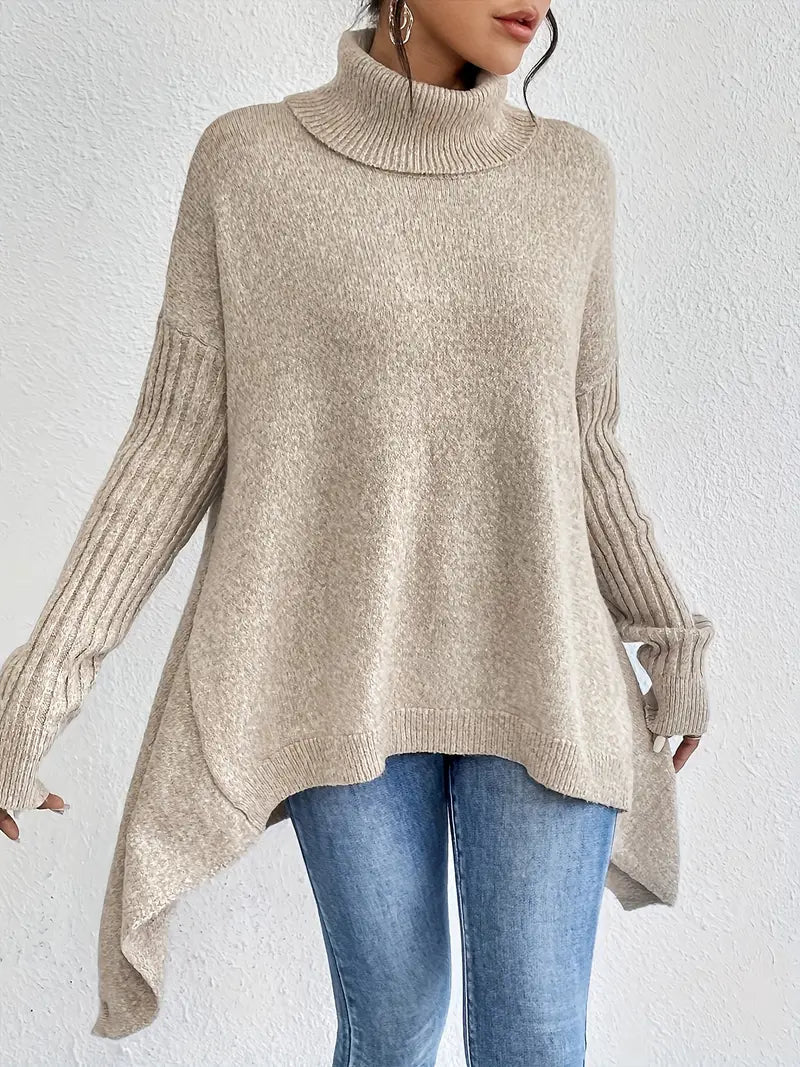 Women's Oversized Turtleneck Jumper with Ribbed Collar