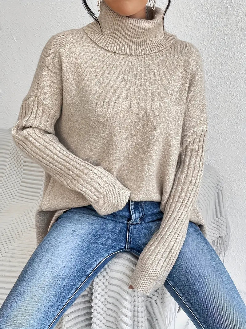 Women's Oversized Turtleneck Jumper with Ribbed Collar
