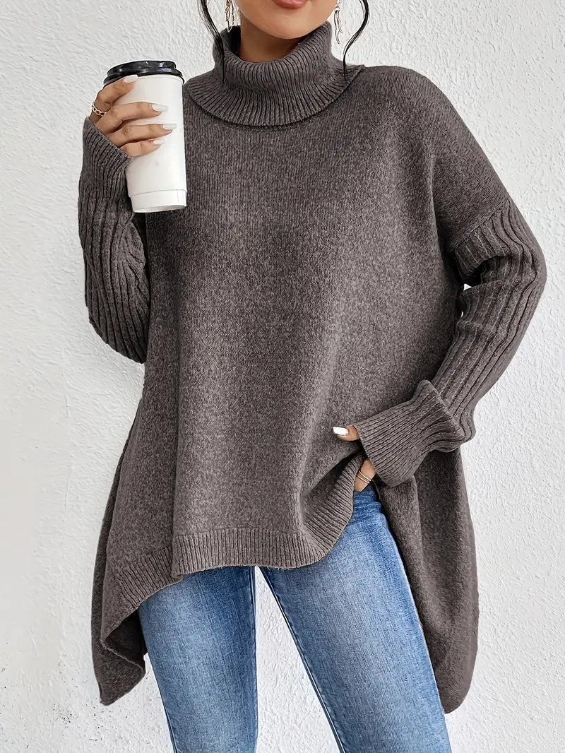 Women's Oversized Turtleneck Jumper with Ribbed Collar
