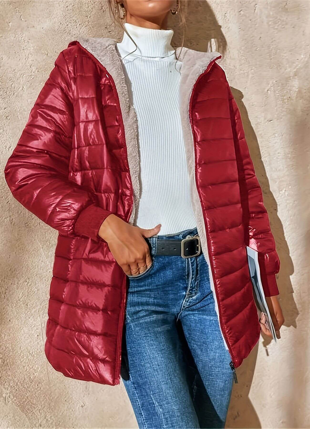 Women's Puffer Jacket with Hood and Zip Front in Longline Fit