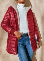 Women's Puffer Jacket with Hood and Zip Front in Longline Fit
