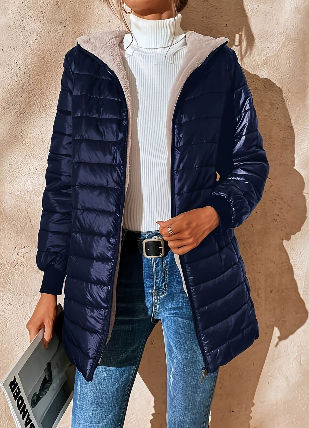 Women's Puffer Jacket with Hood and Zip Front in Longline Fit