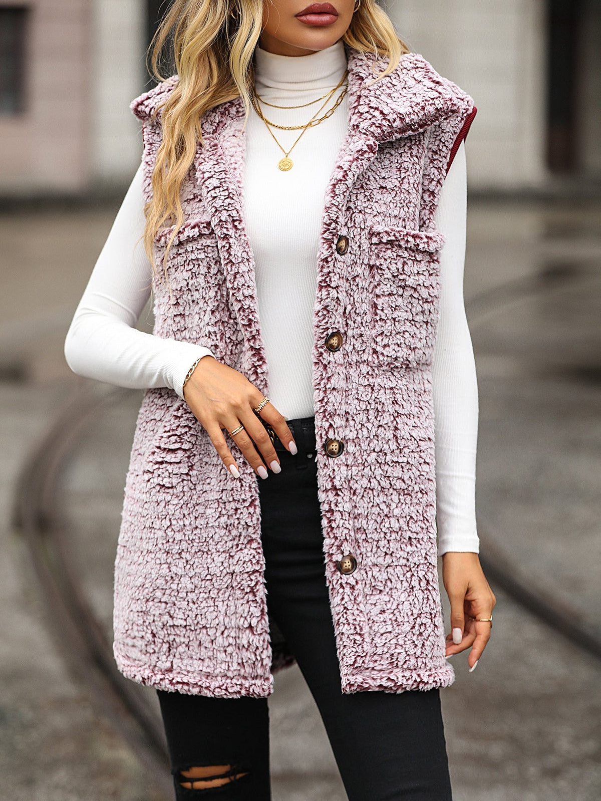 Women's Sleeveless Hooded Cardigan with Pockets in Speckled Fleece