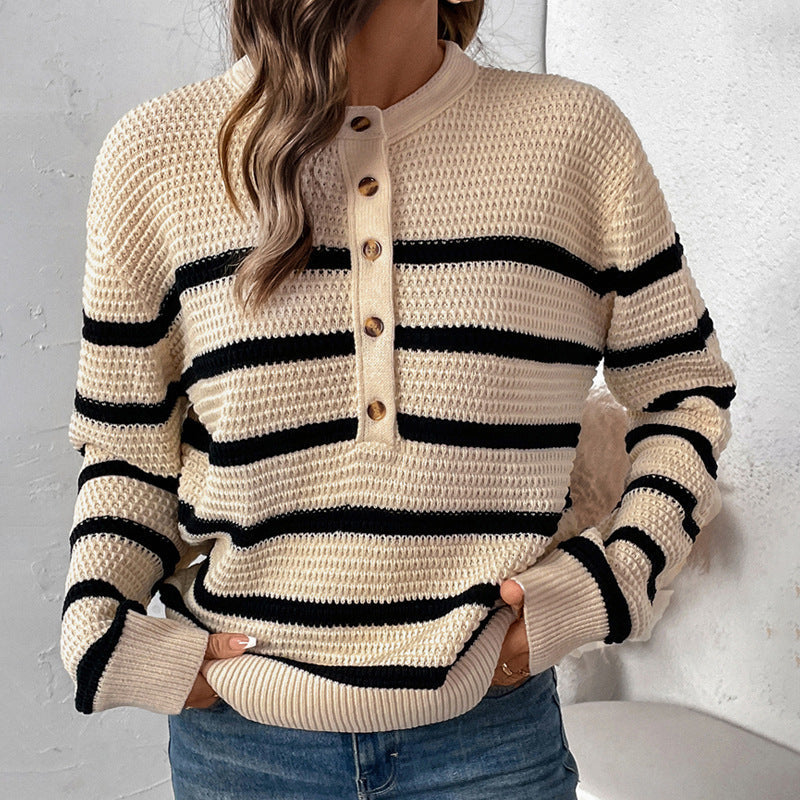 Women's Striped Chunky Knit Jumper with Button Placket