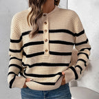 Women's Striped Chunky Knit Jumper with Button Placket