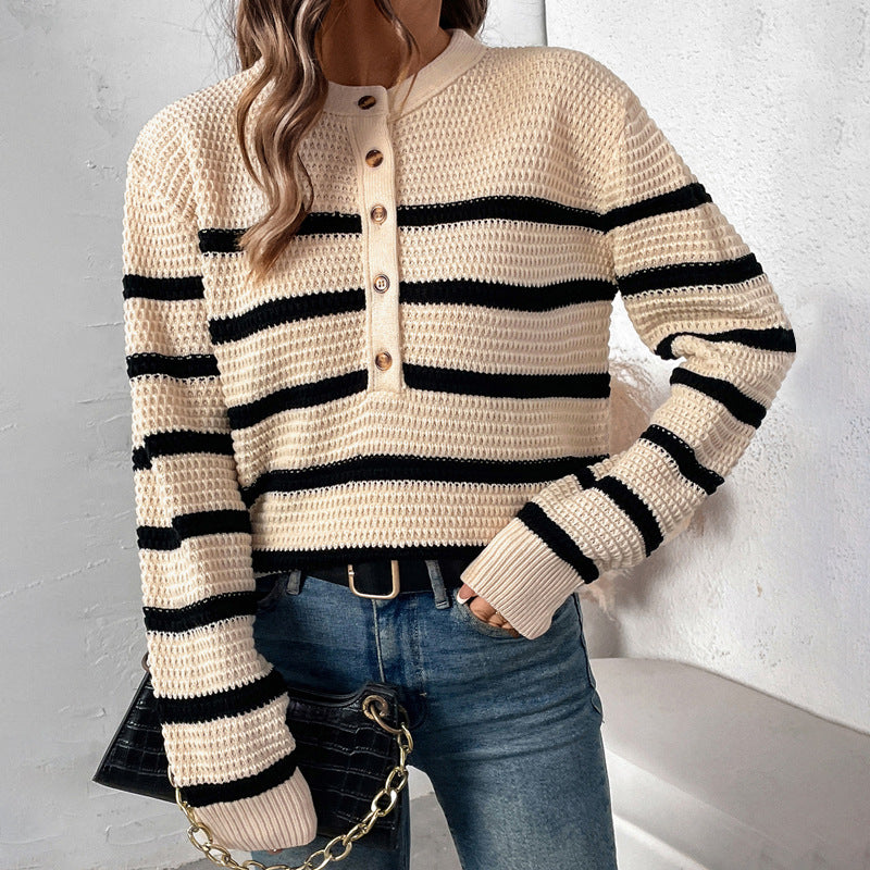Women's Striped Chunky Knit Jumper with Button Placket