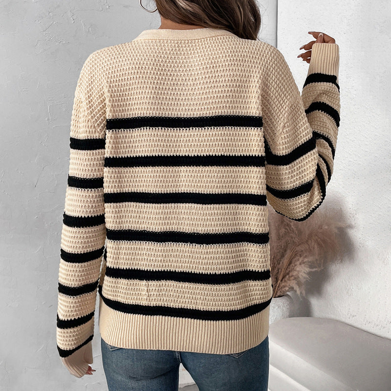 Women's Striped Chunky Knit Jumper with Button Placket