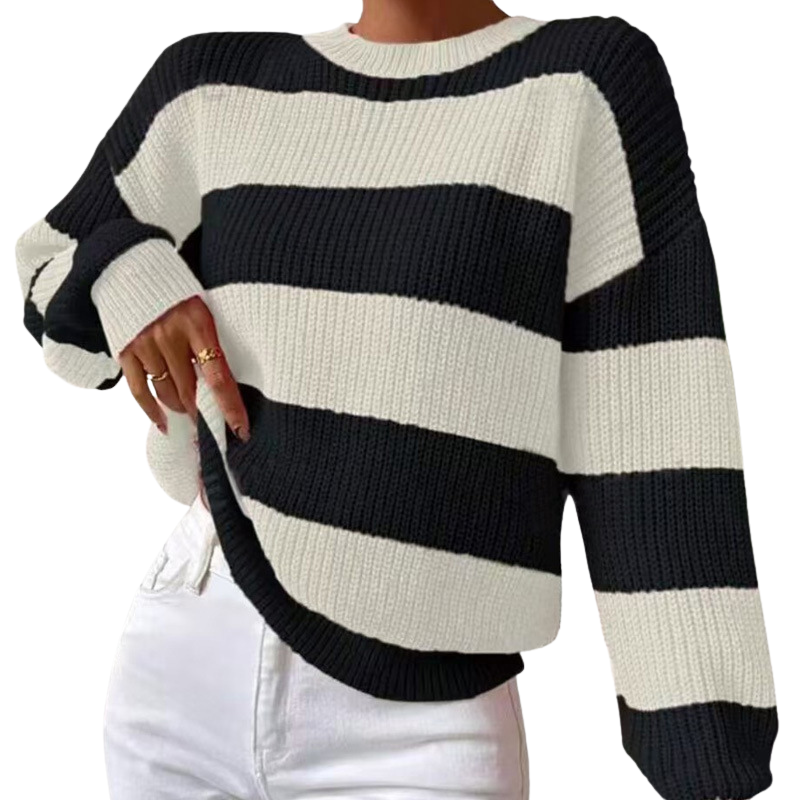 Women's Striped Knitted Jumper with Crew Neck