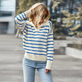 Women's Striped Long-Sleeved V-Neck Jumper with Ribbed Cuffs