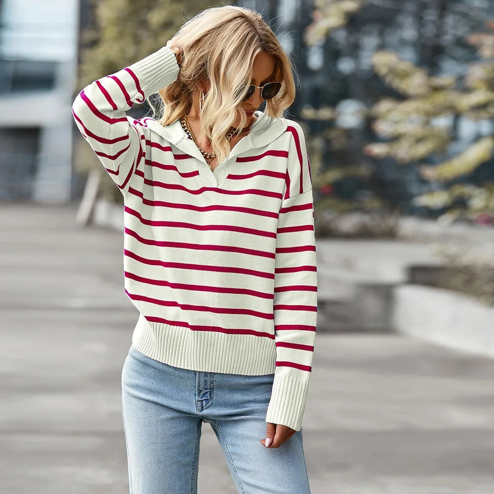 Women's Striped Long-Sleeved V-Neck Jumper with Ribbed Cuffs