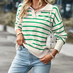 Women's Striped Long-Sleeved V-Neck Jumper with Ribbed Cuffs