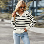 Women's Striped Long-Sleeved V-Neck Jumper with Ribbed Cuffs
