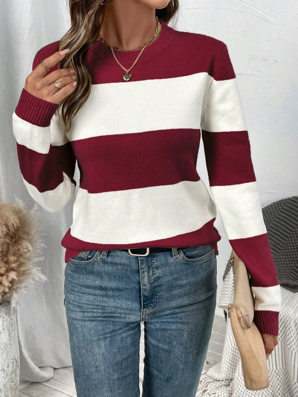 Women's Striped Long Sleeve Crew Neck Jumper in Soft Fabric