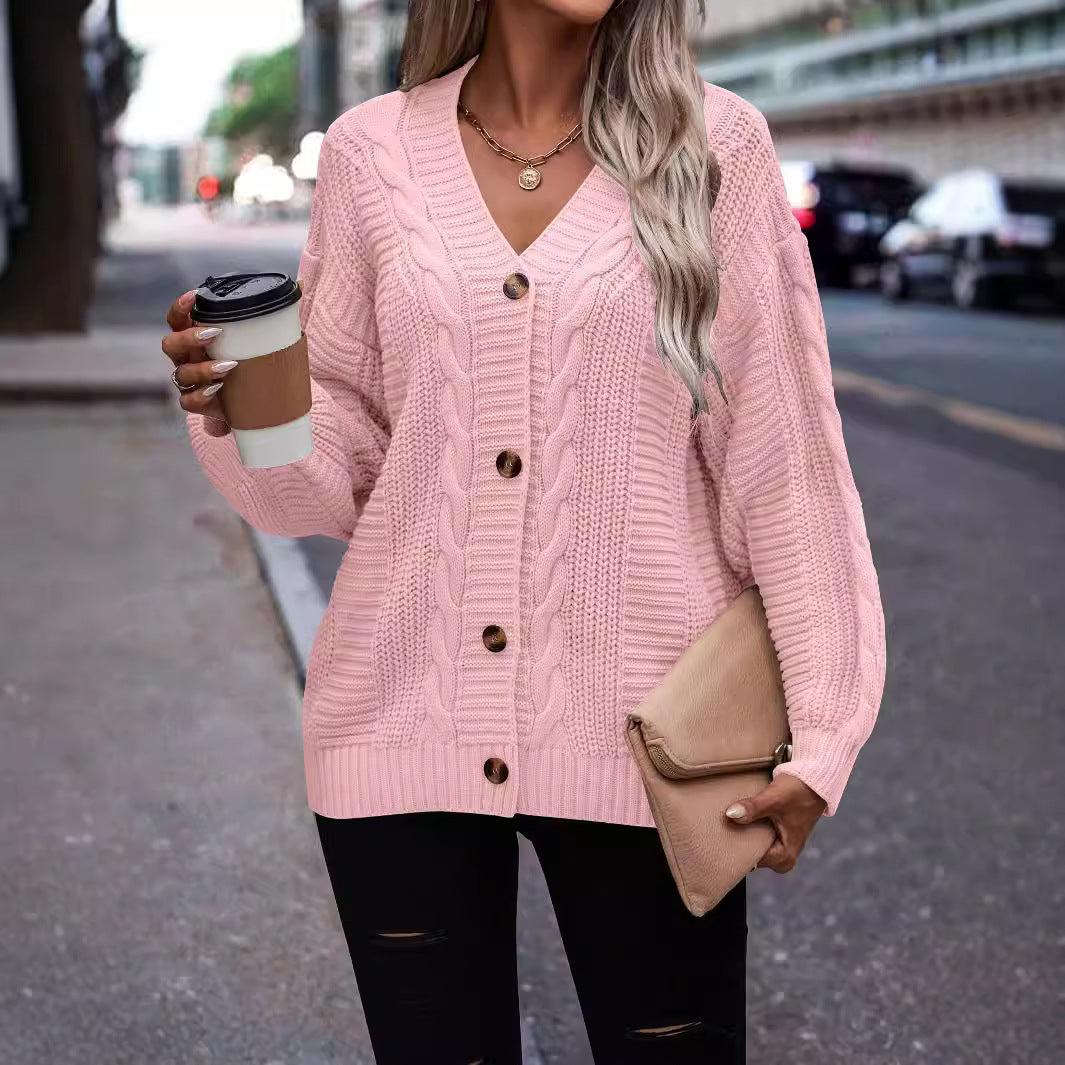 Women's Textured Cardigan with V Neckline and Button Placket