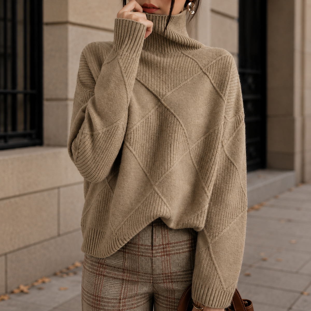 Women's Turtleneck Jumper in Soft Siracusa Diamond Knit